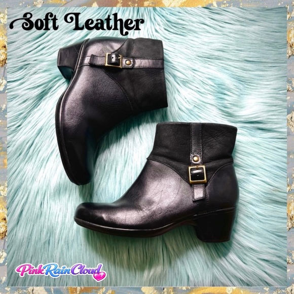 Clarks Shoes - Clarks Black Soft LEATHER Classic Buckle Zip Up Ankle Booties Women’s 6.5